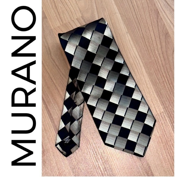 MURANO 100% Silk Tie Black Gray Tan Blocks Cubes Diamond Squares - Picture 1 of 7